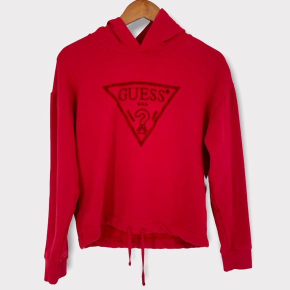 Guess Red Y2K Velour‎ Logo Drawstring Hooded Sweater Size Small - Picture 1 of 9